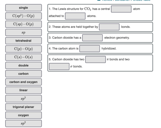 11 IC VIL VIUUIIJUI ILJICIUC IUDIC single 1. The Lewis structure for CO2 has a central atom atom attached to atoms. C(sp?) –O