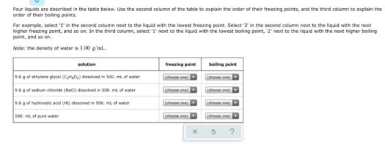 Four liquids are described in the table below. Use the second column of the table to explain the order of their freezing poin