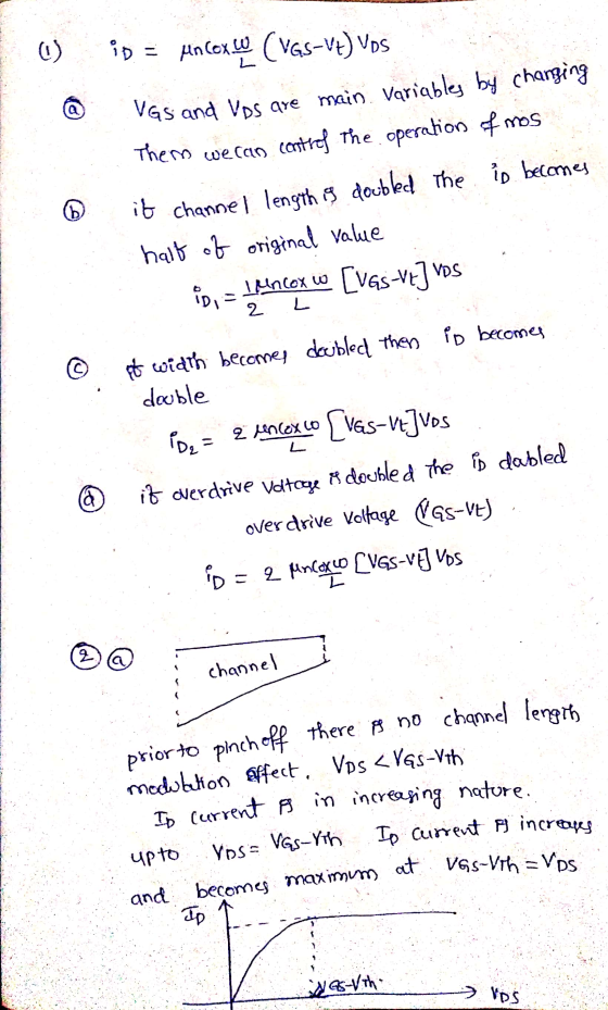 O id = Hn Cox (VGS-VE) VOS L 0 VGs and Vds are main variables by changing Them wecan contref the operation of mos it channel