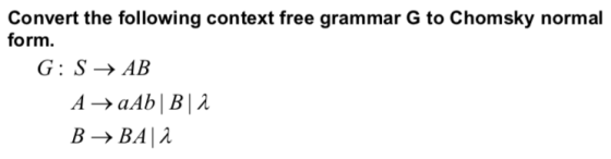 Convert the following context free grammar G to Chomsky normal form. G:S → AB A → aAb|B2 B → BA2