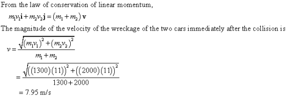 From the law of conservation of linear momentum, The magnitude of the velocity of the wreckage of the two cars immedi ately after the collision is ((1300)(11)+((2000) (11) 1300+2000 - 7.95 m/s