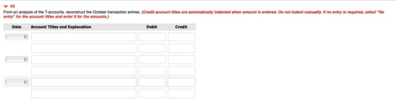 From an analyss of the T accounts reconstruct the October transaction entries entry for the account titles and enter O for the amounts redit account uues are automatically indented when amount is entered. Do not ident manually. no entry as required, select No Date Account Titles and Explanation Debit