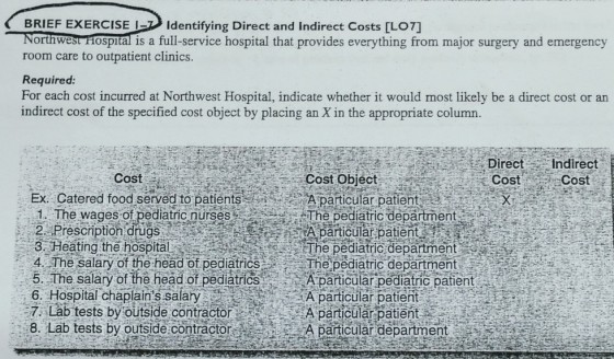 BRIE Norinwest Hospital is a full-service hospital that provides everything from major surgery and emergency room care to outpatient clinics. Required: For each cost incurred at Northwest Hospital, indicate whether it would most likely be a direct cost or an indirect cost of the specified cost object by placing an X in the appropriate column. FEXERCISEI? Identifying Direct and Indirect Costs[L07] El Direct-,.. ?ndirect Cost Cost Cost Cost Object Ex. Catered food served to patients 1. The wages of pediatric nursesThe pediatric department articular patient ? particular:patient The pediatric department A particular patient 2. Prescription drugs 3-He ting-theh spital de thépèdiatric department ai . 4. The salary of the head of pediatricsT ? 5. The salary of the head of pediatricsApaticular pediatic patient 6. Hospital chaplains salary 7. Lab tests by outside contractoA particülar patient ests by outside contractorAparticular department