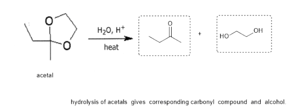 Нао, н* он + но heat acetal hydrolysis of acetals gives corresponding carbonyl compound and alcohol.