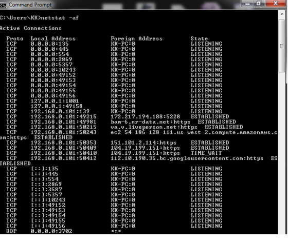 Prompt CotCommand P C: Users KK>netstat-af Active Connections Proto Local Address 0.0.0.0:135 0.0.0.0:445 0.0.0.0:554 0.0.0.0:2869 0.0.0.0:5357 0.0.0.0:10243 0.0.0.G:49152 0.0.0.G:49153 0.0.0.:49154 0.0.0.G:49155 0.0.0.G:49156 127.0.0.1:1001 127.0.0.1:49158 192.168.0.101:139 192.168.0.101:49215 192.168.0.101:49981 192.168.0.101:50215 192.168.0.101:50243 Foreign Address KK-PC:0 KK-PC:0 KK-PC:0 KK-PC:0 KK-PC:0 KK-PC:0 KK-PC:0 KK-PC:0 KK-PC:0 KK-PC:0 KK-PC:0 KK-PC:0 KK-PC:0 LISTENING LISTENING LISTENING LISTENING LISTENING LISTENING LISTENING LISTENING LISTENING LISTENING LISTENING LISTENING LISTENING LISTENING 172.217.194.188:5228 ESTABLISHED bam-6.nr-data.net:https ESTABLISHED va.u.liveperson.net:https ESTABLISHED ec2-54-186-128-111.us-west-2.compute.amazonaws.c om https ESTABLISHED ESTABLISHED 192.168.0.101:50353 192.168.0.101:50409 192.168.0.101:50410 192.168.0.101:50412 151.101.2.114 https 104-19-199-151:https ESTABLISHED 104.19.199.151:https TIME_WAIT 112.10.190.35.bc googleusercontent.com https ES TABLISHED KK-PC:0 KK-PC:0 KK-PC:0 KK-PC:0 KK-PC:0 KK-PC:0 KK-PC:0 KK-PC:0 KK-PC:0 KK-PC:0 KK-PC:0 KK-PC:0 LISTENING LISTENING LISTENING LISTENING LISTENING LISTENING LISTENING LISTENING LISTENING LISTENING LISTENING LISTENING :1:445 1:2869 1:3587 1:5357 ::1:10243 :1:49152 :1:49153 1:49154 :1:49155 ::1:49156 0.0.0.:3702