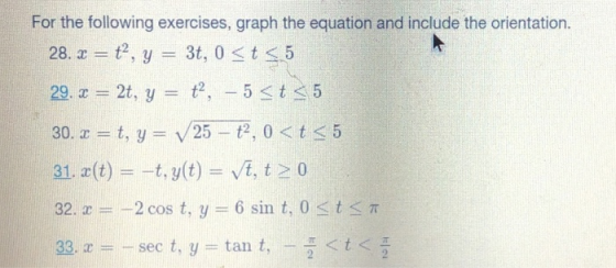 For the following exercises, graph the equation and include the orientation. 28. x = t2, y = 3t, 0 <t<5 29. T = 2t, g = t2, -