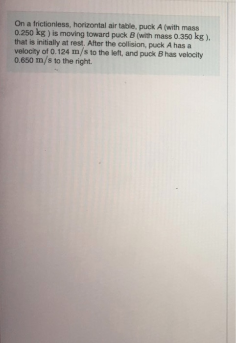 On a frictionless, horizontal air table, puck A (with mass 0.250 kg ) is moving toward puck B (with mass 0.350 kg ), that is