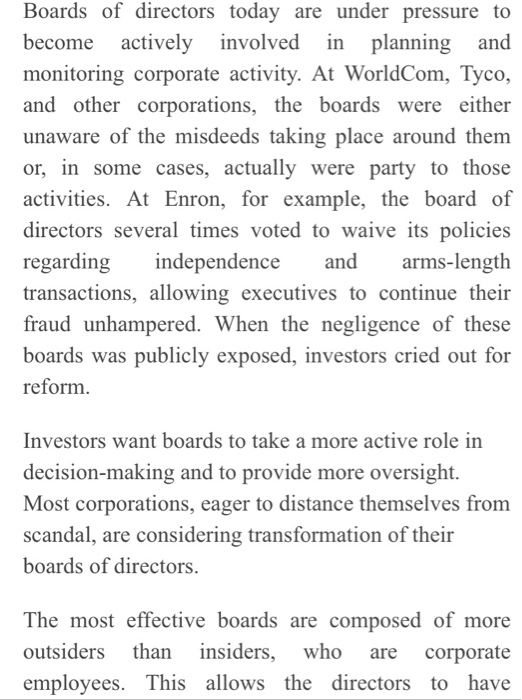 Boards of directors today are under pressure to become actively involved in planning and monitoring corporate activity. At Wo