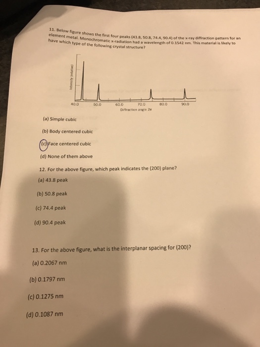 11. Below figure element metal. Monochromatic x-radiation had a wavelength o have which type of the following crystal structure? shee t irst four peaks (43.8, 508, 74A, 904) of the x-ray diffraction pattern for an hetal. Monochromatic x-radiation had a wavelength of 0.1542 nm. This material is ikely to 40.0 50.0 60.0 80.0 90.0 Dittraction angje 2 (a) Simple cubic (b) Body centered cubic (c) Face centered cubic (d) None of them above 12. For the above figure, which peak indicates the (200) plane? (a) 43.8 peak (b) 50.8 peak (c) 74.4 peak (d) 90.4 peak 13. For the above figure, what is the interplanar spacing for (200) (a) 0.2067 nm (b) 0.1797 nm (c) 0.1275 nrm (d) 0.1087 nm