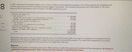 In 2021, Starsearch Corporation began work on three research and development projects. One of the projects was completed and