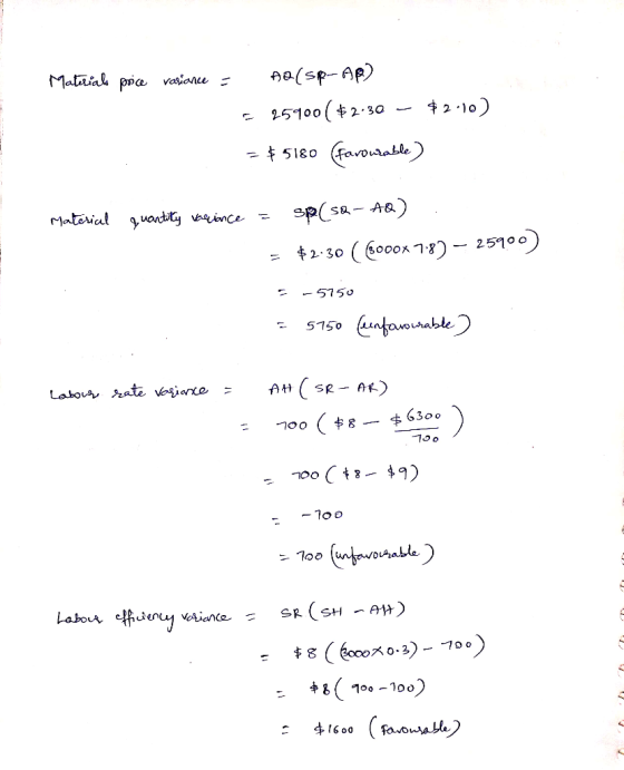 Materials price variance = Aalst s 25900( $2.30 – $2.10) =$5180 (Farourable) Material quantilly variance = sp(so - AQ) . = $2