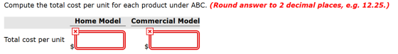 Compute the total cost per unit for each product under ABC. (Round answer to 2 decimal places, e.g. 12.25.) Home Model Commer