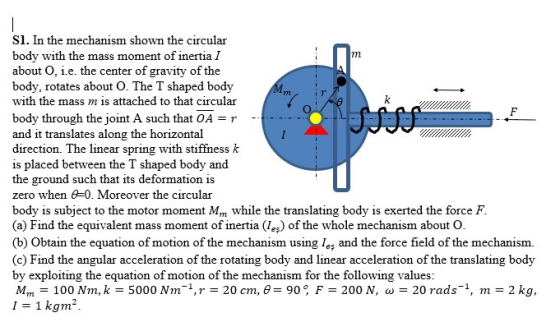 1 m Mm F Sl. In the mechanism shown the circular body with the mass moment of inertia I about 0. i.e. the center of gravity o