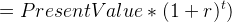 \large = Present Value * (1+r)^{t})
