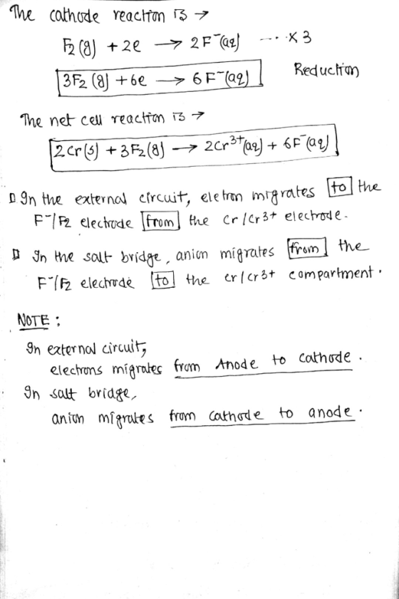 The cathode reaction By F2 (g) +20 3F2 (g) +60 > 2F Part →6 F(aq) --X3 Reduction - The net cell reaction is 26r(3) +372(8) ►