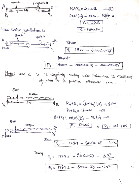 ovolo m=4800ft-lb А Rat R=2000 lb (-34 Git. 3ft- RA R$120. 2000(3) –4800 Ro=100 lb TRA=1900 lb take Section just Before D 200