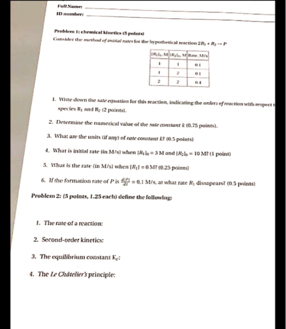 Full Name: ID number: Problem 1. chemical kinetics (5 points Consider the method of initial rates for the hypothetical reacti