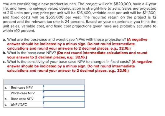 You are considering a new product launch. The project will cost $820,000, have a 4-year life, and have no salvage value; depr