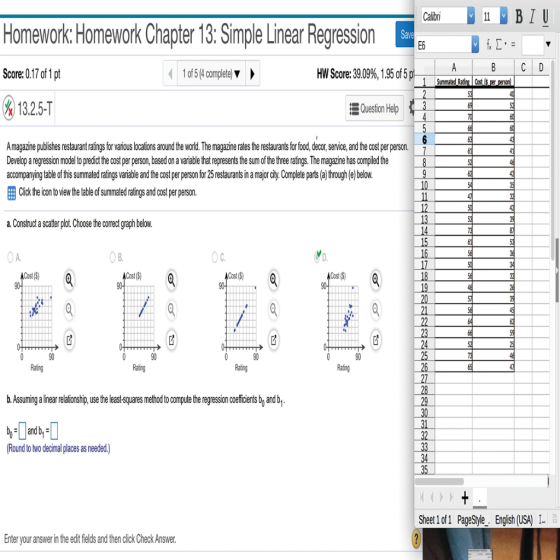 Calibri 11 BIU Homework: Homework Chapter 13: Simple Linear Regression Save E6 fr La A B C D Score: 0.17 of 1 pt 1 of 5 (4 c