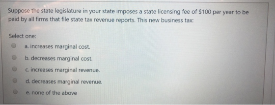 Suppose the state legislature in your state imposes a state licensing fee of $100 per year to be paid by all firms that file
