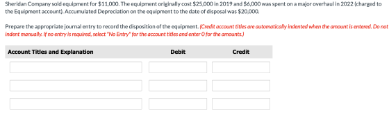 Sheridan Company sold equipment for $11,000. The equipment originally cost $25,000 in 2019 and $6,000 was spent on a major ov