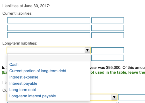 Liabilities at June 30, 2017: Current liabilities: Long-term liabilities: year was $95,000. Of this amou ot used in the table