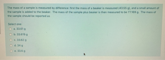 The mass of a sample is measured by difference: first the mass of a beaker is measured (43.55 g), and a small amount of the s