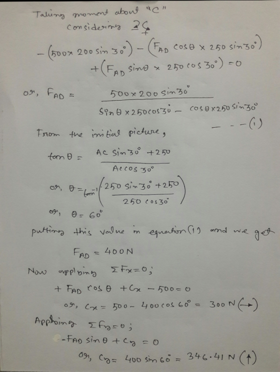 Taking moment about C considering 26 - (500x 200 sin 30) - (FAD COSA x 250 sin 30) +(FAn sind x 250 cos 30) = 0 or, FAD = 5