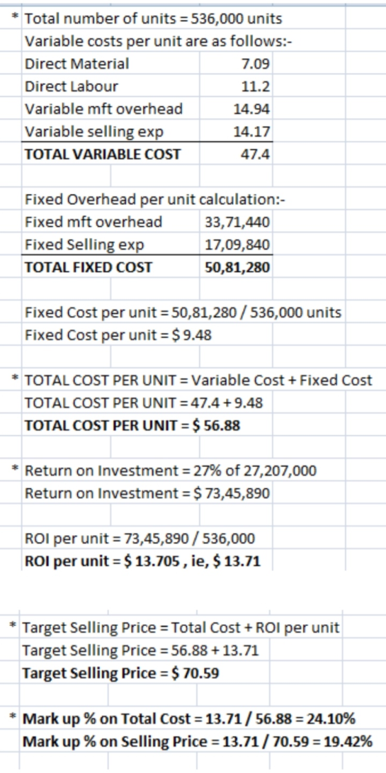 * Total number of units = 536,000 units Variable costs per unit are as follows:- Direct Material 7.09 Direct Labour 11.2 Vari