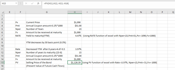 H15 =PV(H11, H12,-H13,-H14) H I J K L M N O P Q Pv Pmt Nper Current Price Annual Coupon amount=5.1%*1000 Number of Years Amou