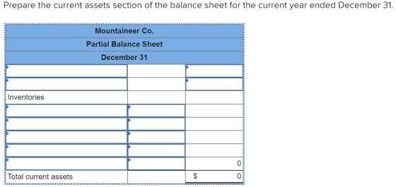 Prepare the current assets section of the balance sheet for the current year ended December 31. Mountaineer Co. Partial Balan