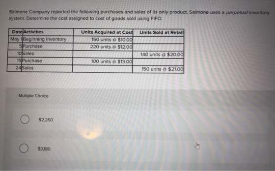 Salmone Company reported the following purchases and sales of its only product. Salmone uses a perpetua/inventory system. Det