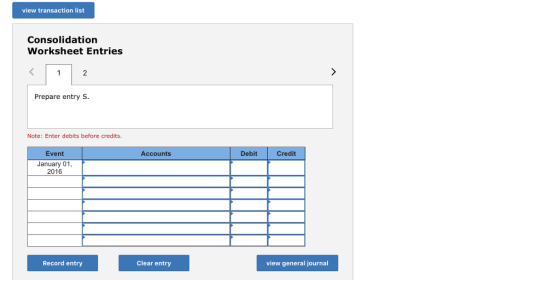 view transaction list Consolidation Worksheet Entries 2 Prepare entry S Note: Enter debits before credits Event Accounts Debit Credit January 01, 2016 Record entry Clear entry view general journal