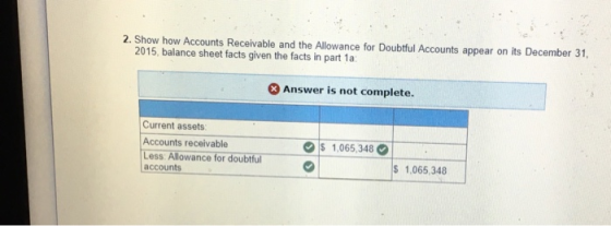 2. Show how Accounts Receivable and the Allowance for Doubtful Accounts appear on its December 31, 2015 balance sheet facts g
