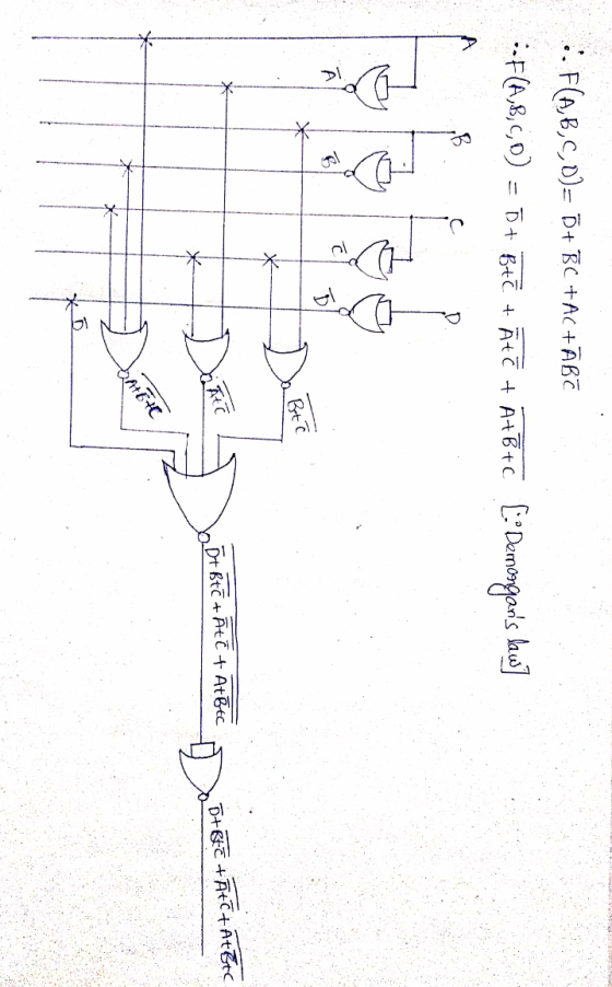.. F(A,B,C,D)= 7+ BC +AC +ĀBC --F(A,8,0,0) = 5+ Btë + Atē + A+B+c [Demongans laws] B Bet Dame 2D+ Btc + Āte + At Btc +R+E+AC