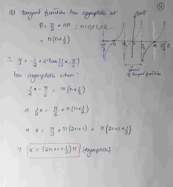 d) tangent funsion has asymptors ar O = + nu; n=0,41,42, ... ntano a penod of fargent finition - Y atatan (jx-1) ho asymptor