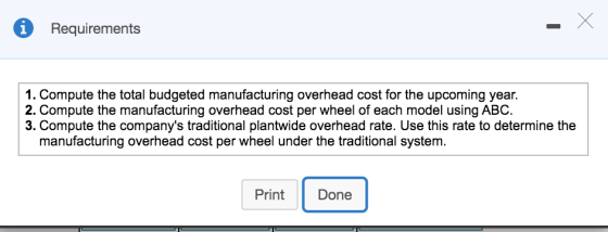 Requirements 1. Compute the total budgeted manufacturing overhead cost for the upcoming year. 2. Compute the manufacturing ov