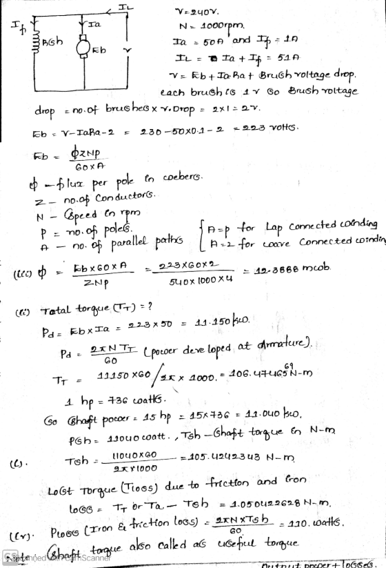 та lut BGh kb IL = Ia + = 51A V=240v. 3000rpm Та - 50 A and If Ta + If V=Eb + IQ Bat Bruch voltage drop. each bruch es er Go