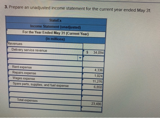 3. Prepare an unadjusted income statement for the current year ended May 31. StateEx Income Statement (unadjusted) For the Ye