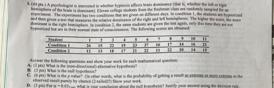 194 pts.) A psychologist is interested in whether hypnosis affects brain dominance (that is, whether the left or right nemisp