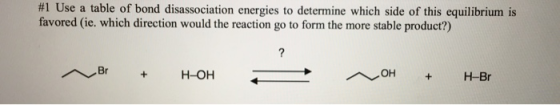 #1 Use a table of bond disassociation energies to determine which side of this equilibrium is favored (ie, which direction wo