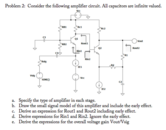 Problem 2: Consider the following amplifier circuit. All capacitors are infinite valued. Voc RB1 Rc1 Rc2 0 Q1 Vout RB2 Rout1