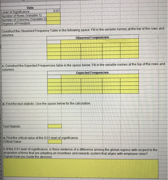 0.01 Data Level of Significance Number of Rows Variable 1) Number of Columns Variable 2) Degrees of Freedom Construct the Obs