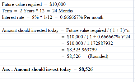 Future value required = $10,000 Term = 2 Years * 12 = 24 Months Interest rate = 8%* 1/12 = 0.666667% Per month Amount should