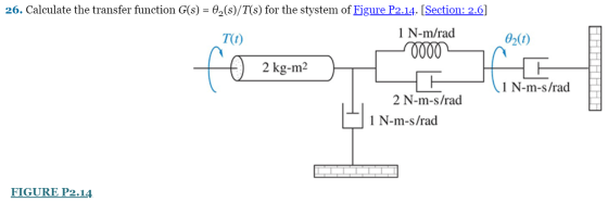 26. Calculate the transfer function G(s) = 0,(s)/T(s) for the stystem of Figure P2.14: [Section: 2.6] 1 N-m/rad (0000) t) 2 k