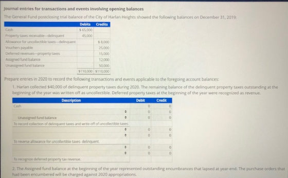 Journal entries for transactions and events involving opening balances The General Fund postclosing trial balance of the City