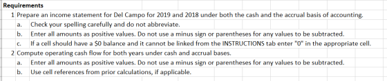 Requirements 1 Prepare an income statement for Del Campo for 2019 and 2018 under both the cash and the accrual basis of accou