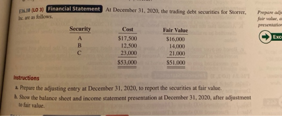 At December 31, 2020, the trading debt securities for Storrer, E16.10 (LO 3) Financial Statement Inc. are as follows. Prepare