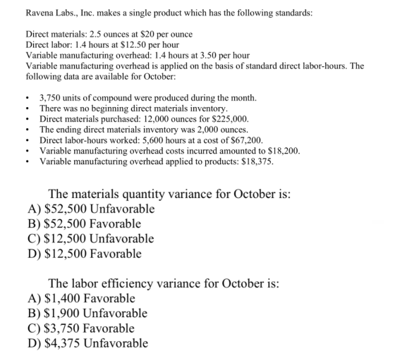 Ravena Labs., Inc. makes a single product which has the following standards: Direct materials: 2.5 ounces at $20 per ounce Di