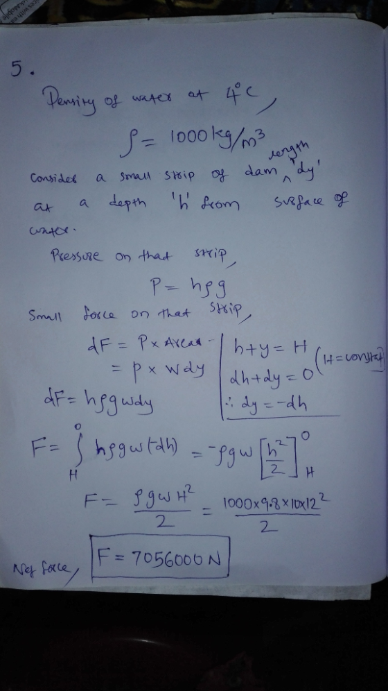 τημάυρη, Vay sa 5. Pensity of water at 4c, S = 1000kg/m3 ngth Consider a small strip of dam, dy at a depth h from surface o
